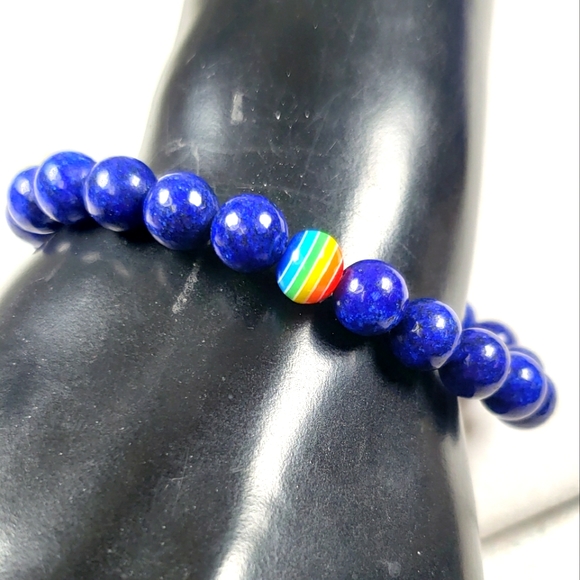 Lapis Lazuli Crystal Gemstone Round Beaded Stretch Bracelet with One Rainbow - Picture 4 of 5